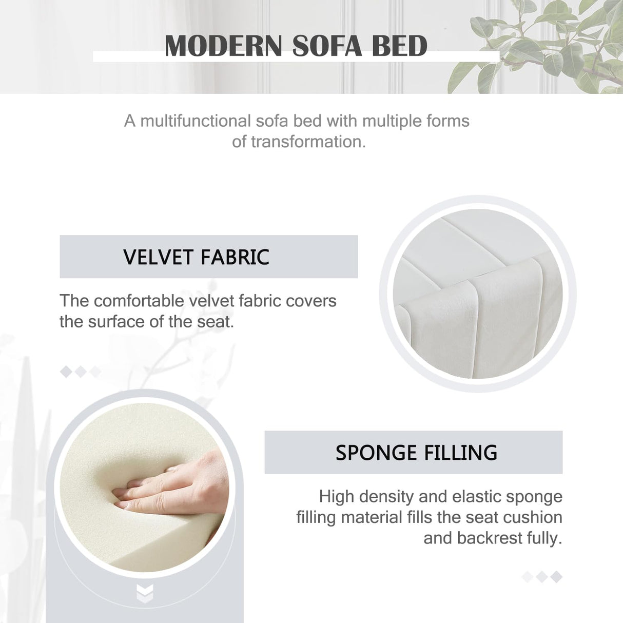 Hixkol Convertible Sleeper Sofa Bed, 55.51" Modern Velvet 3-in-1 Futon Couch, Pullout Bed with Adjustable Backrest, Storage Pockets and Toss Pillows for Living Room, Bedroom (White) Hixkol