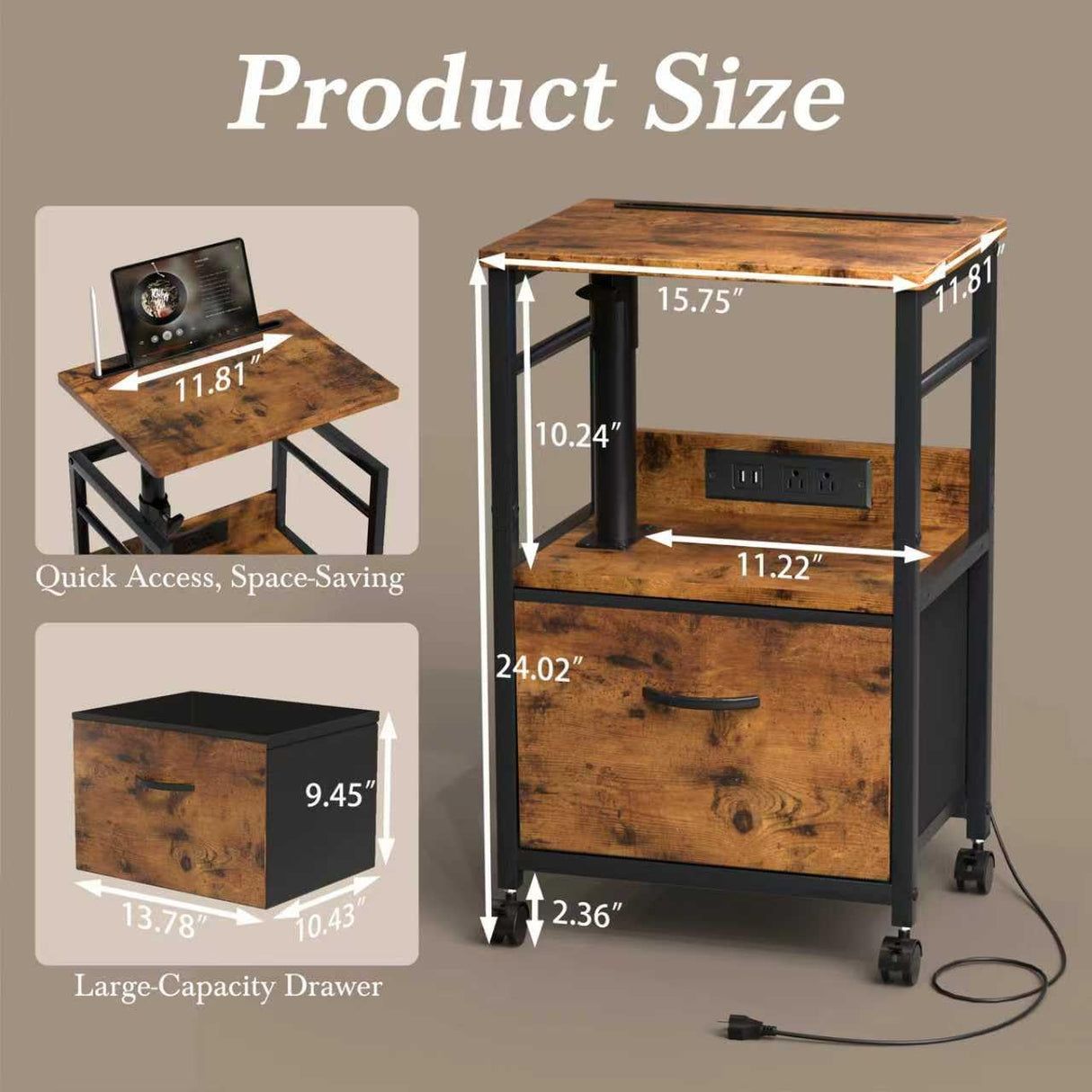 Swivel Lift Top Nightstand with Charging Station, 2-Tier 360° Adjustable Bedside Table, Rolling Night Stand with Wheels, Small End Table with Fabric Drawer, for Bedroom, Living Room, Rustic Brown Faesun