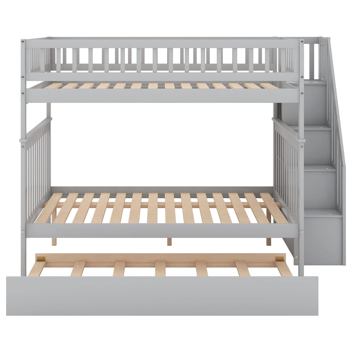 Full Over Full Bunk Beds with Trundle and Stairs Stairway Bunk Bed Frame with Storage Shelves for Kids Teens Adult, Detachable Wood Full Bunk Bed for Boys Girls Adults, Gray Bellemave