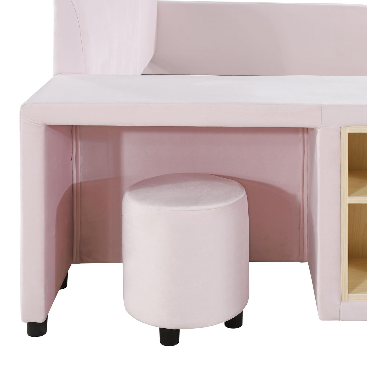 Velvet Upholstered Grounded Bed Platform Bed, Wooden Queen Size Mother & Child Bed Frame with Bedside Desk and Little Round Stool, Kids Adults Bedroom Furniture Floor Bed Platform Bed (Pink Bed) CJLMN