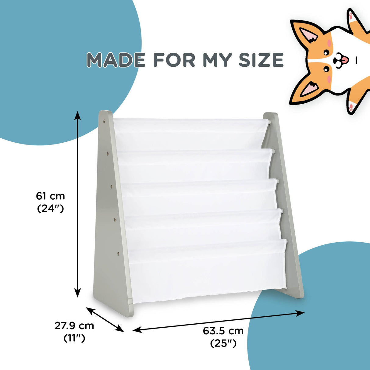 Humble Crew 4-Tier Kids Bookshelf, Grey Wood/White - Premium Book Shelf for Kids Rooms with Four Deep Pockets - Toddler Sling Book Rack with Deep Sleeves, Nursery Bookcase Organizer Humble Crew