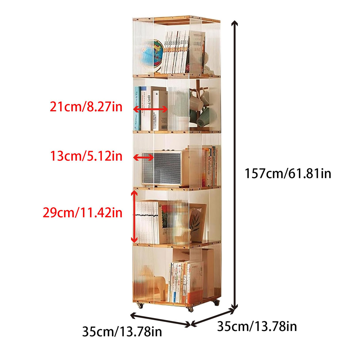 5 Tier Rotating Bookshelf, Clear Bookcase, Modern Storage Organizer Book Case for Bedroom Living Room Home Office, 360 Display Spinning Bookshelf Floor Standing Book Shelf (5 Tier - Natural) ZHUMUJIAJU