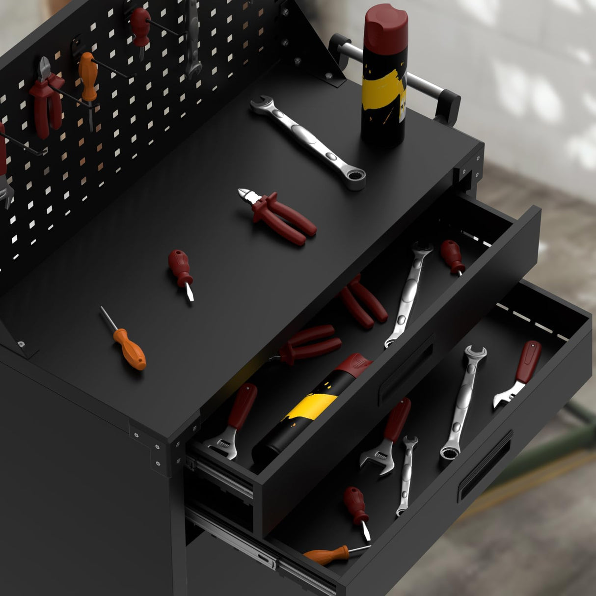 35.4" Tall Heavy-Duty Steel Rolling Tool Cabinet, Mobile Workbench with 2 Deep Drawers, Pegboard, Adjustable Shelves & Locking Casters, Garage Workshop Warehouse Storage Organizer Tioutbot