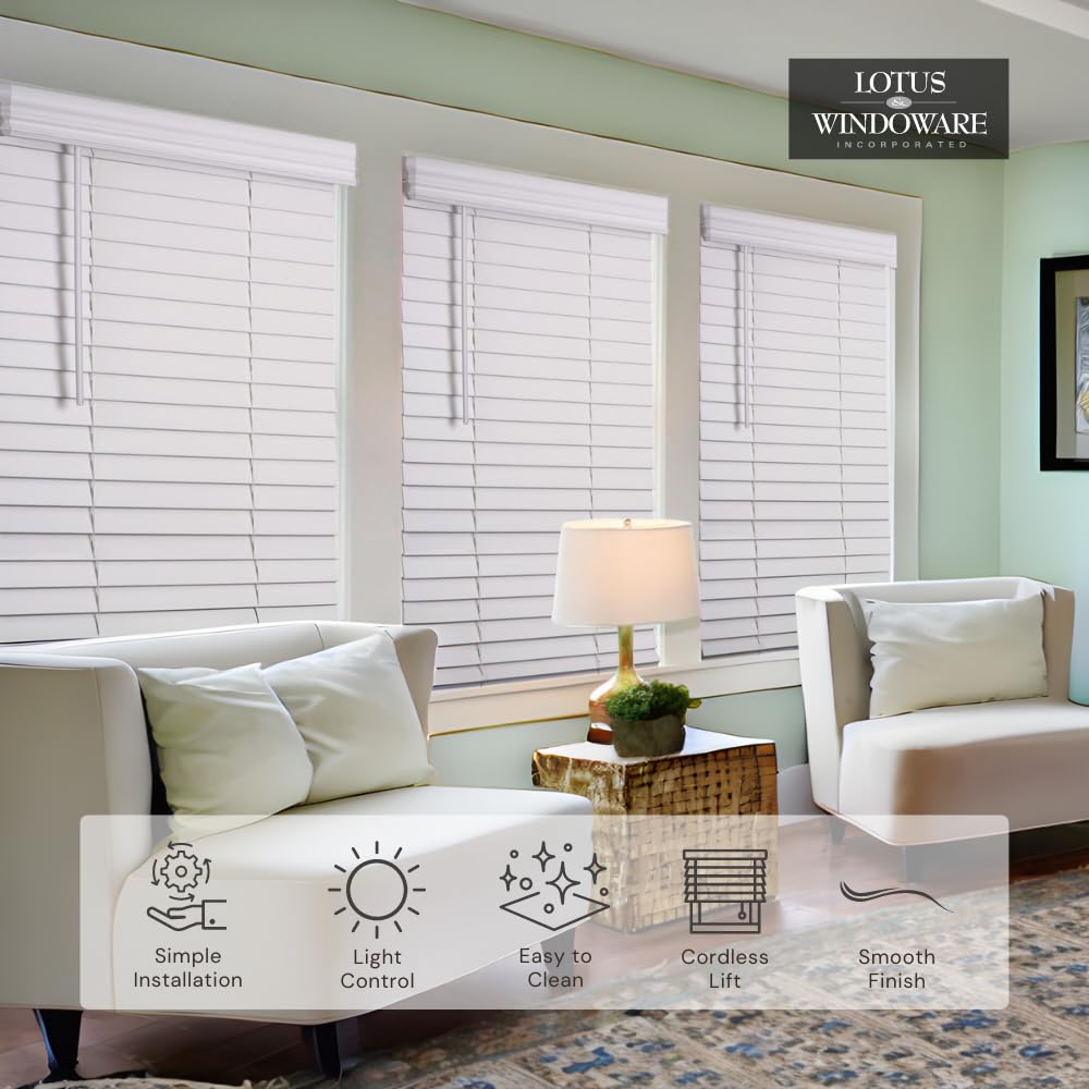 Lotus & Windoware Cordless, 2 Inch Faux Wood Blind, 40" Wide x 48" Long, Window Blinds, Blinds & Shades, Blinds for Indoor Windows, Smooth, Bright White - 40" x 48",Bright White LOTUS & WINDOWARE