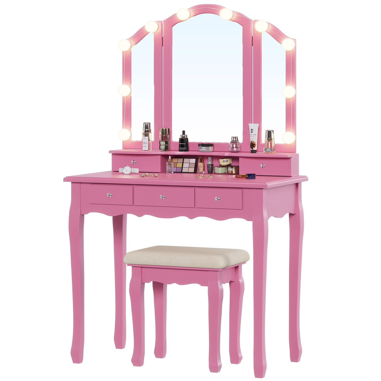 Tiptiper Vanity Desk with Tri-Fold Mirror and Lights, Makeup Vanity with Wood Upholstered Stool, Vanity Table with 5 Drawers & 8 Jewelry Hooks, Small Vanity, Pink Tiptiper