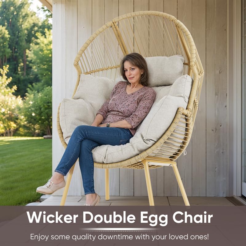 Belord Outdoor Wicker Egg Chair - 300 LBS Weight Capacity Single Patio Egg Lounge Chair with Water Resistant Cushion for Porch Balcony Sunroom, Yellow Wicker Beige Cushion Belord