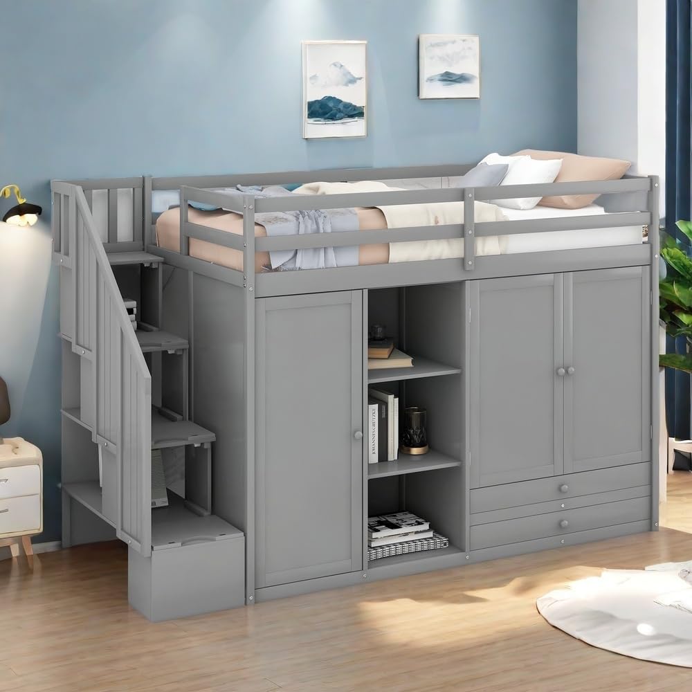 SOFTSEA Twin Loft Bed with Stairs & Wardrobe, Wood Twin High Loft Bed with Stairs and Storage, Space-Saving Multifunctional Furniture for Kids, No Box Spring Needed SOFTSEA