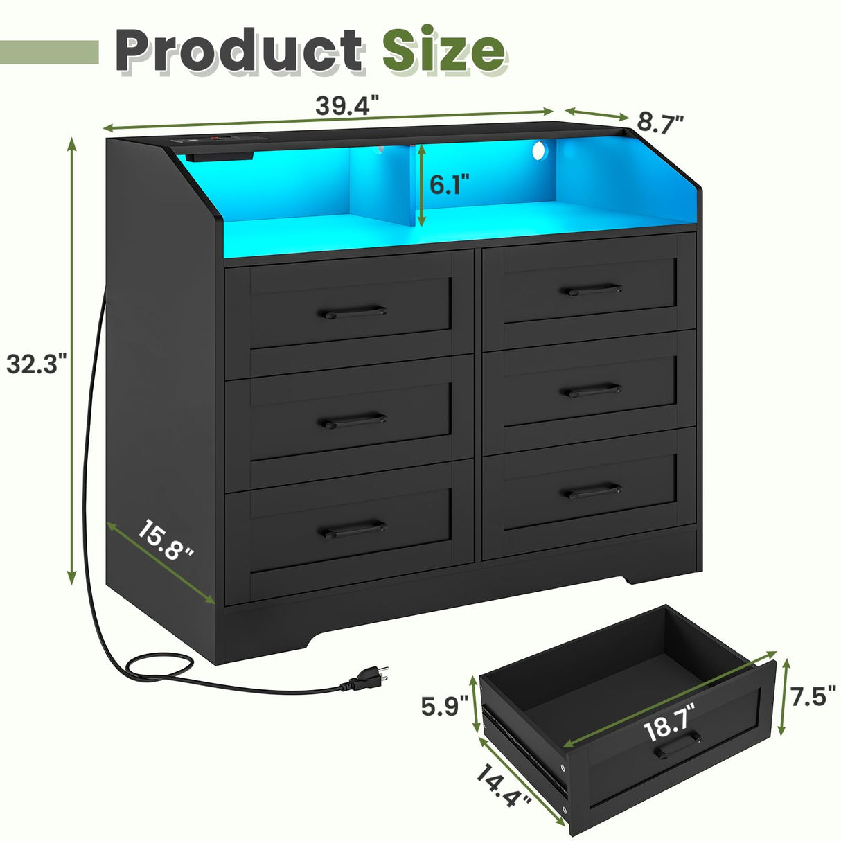 Hasuit Black Dresser for Bedroom with LED Lights and Charging Station, Modern Wood 6 Drawers Storage Tower Clothes Organizer, Large Capacity Chest of Drawers Storage Cabinet for Bedroom, Living Room Hasuit