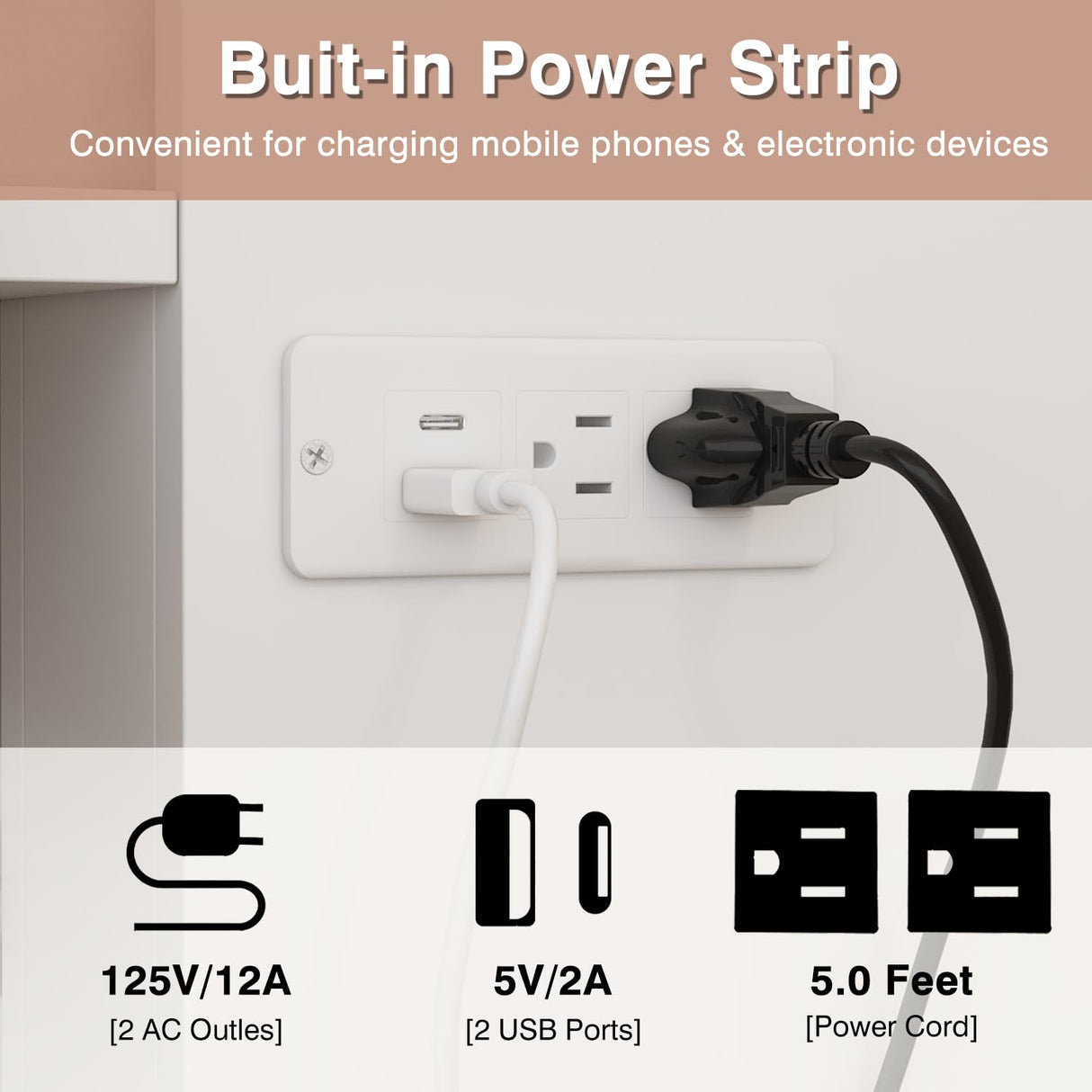 ECACAD Multi-Functional Murphy Cabinet Bed, Queen Size Bed Frame Murphy Bed Chest with Built-in Power Strip & Drawers, Queen Foldable Platform Bed, White ECACAD