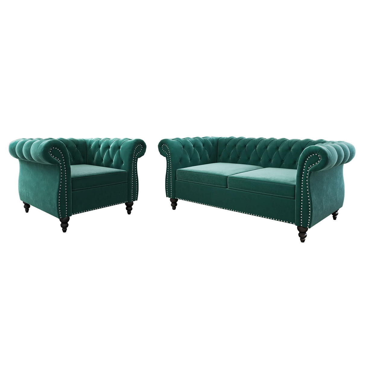 2 Piece Living Room Set, Velvet Chesterfield Sofa Loveseat Couch Chair with Scroll Arms and Nailhead for Living Room, Office (Green) ORRD