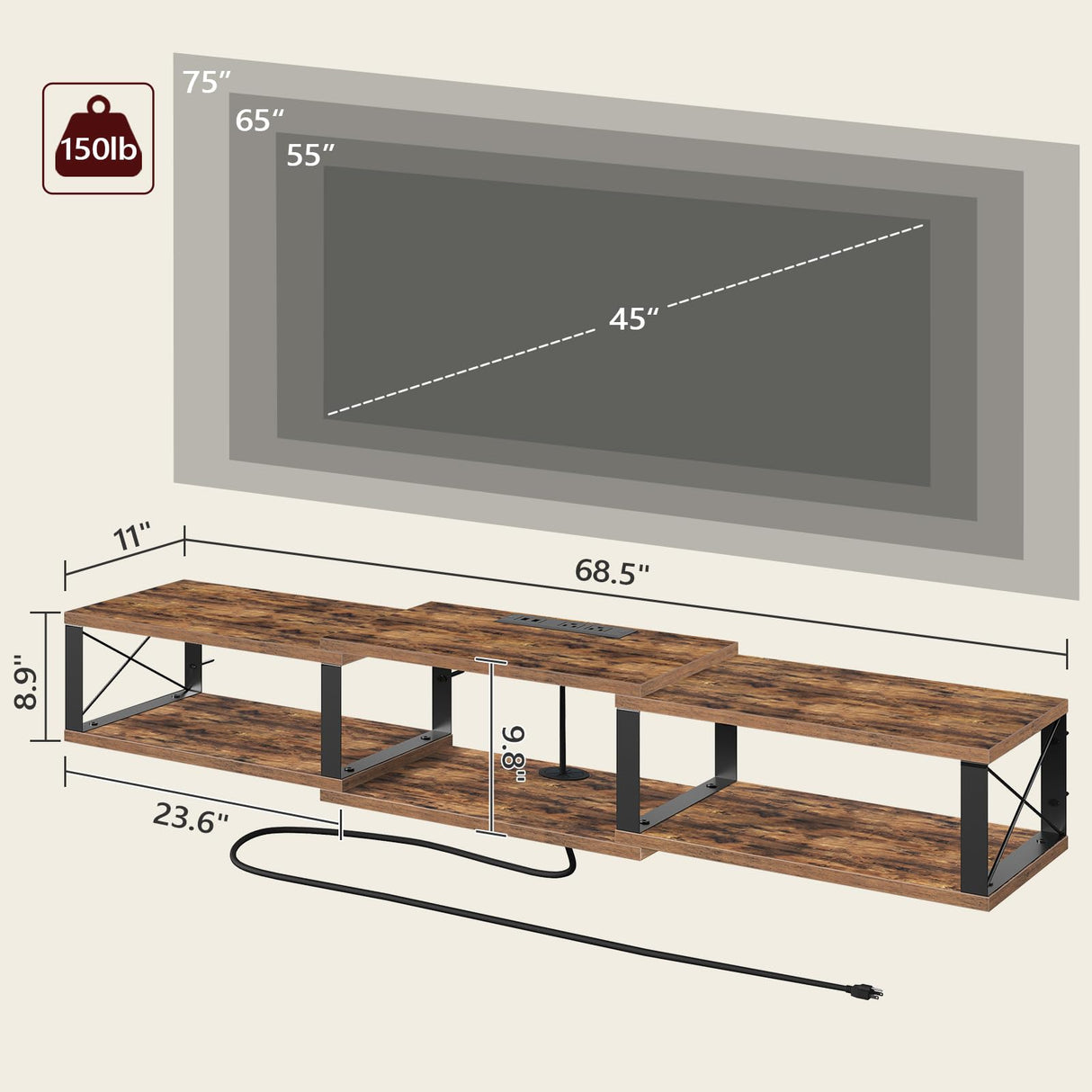 MAHANCRIS Floating TV Stand with Power Outlet, Wall-Mounted Entertainment Console Center with Storage, Floating TV Shelf for Under TV Storage, for Living Room, Bedroom, Rustic Brown TVHR103E01 MAHANCRIS