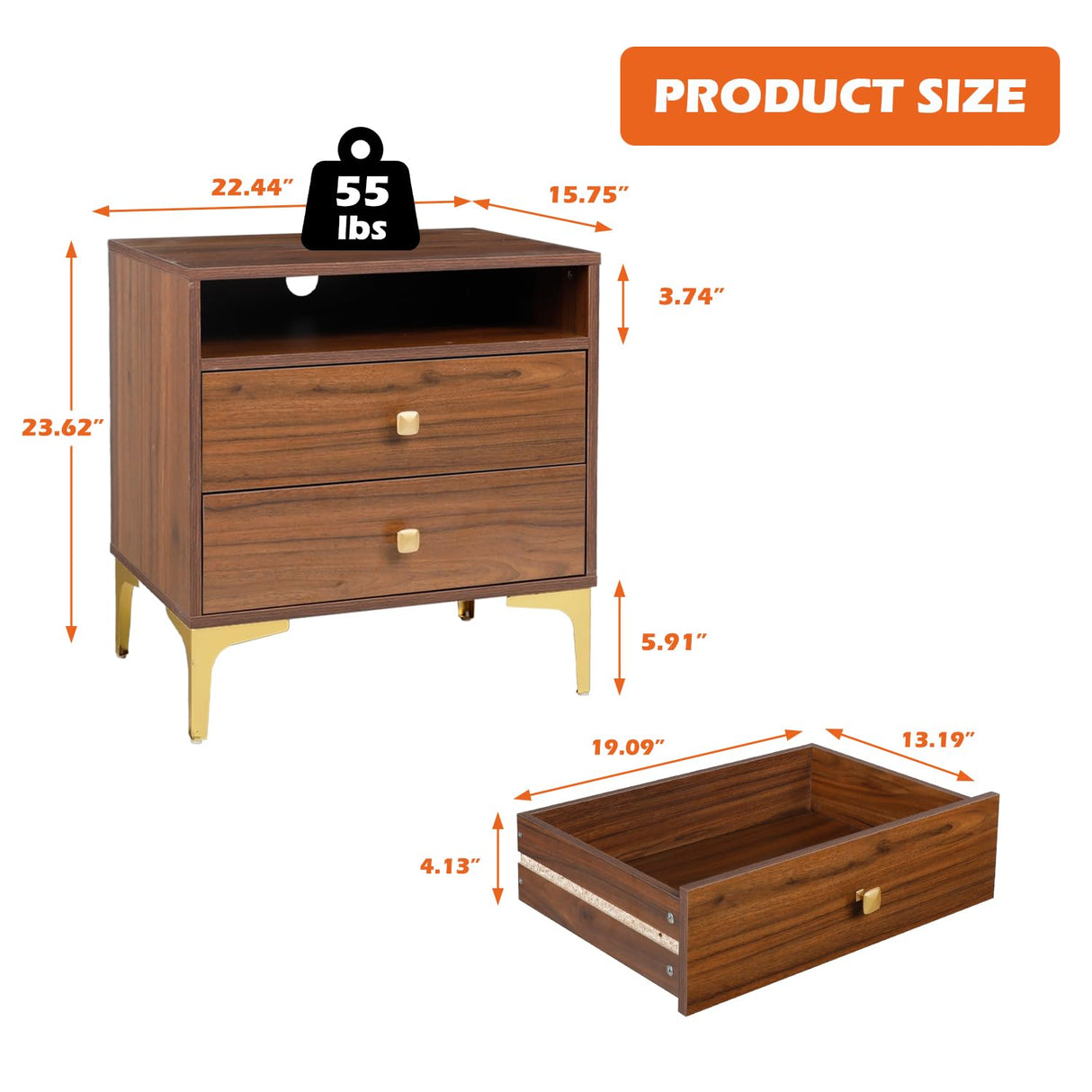 AILEEKISS Nightstands Set of 2 with Wireless Charging Function Wooden Night Stands 2 Sets with Drawers and Open Shelf Storage End Table Home Bedside Table for Bedroom (Brown 2 Sets) AILEEKISS