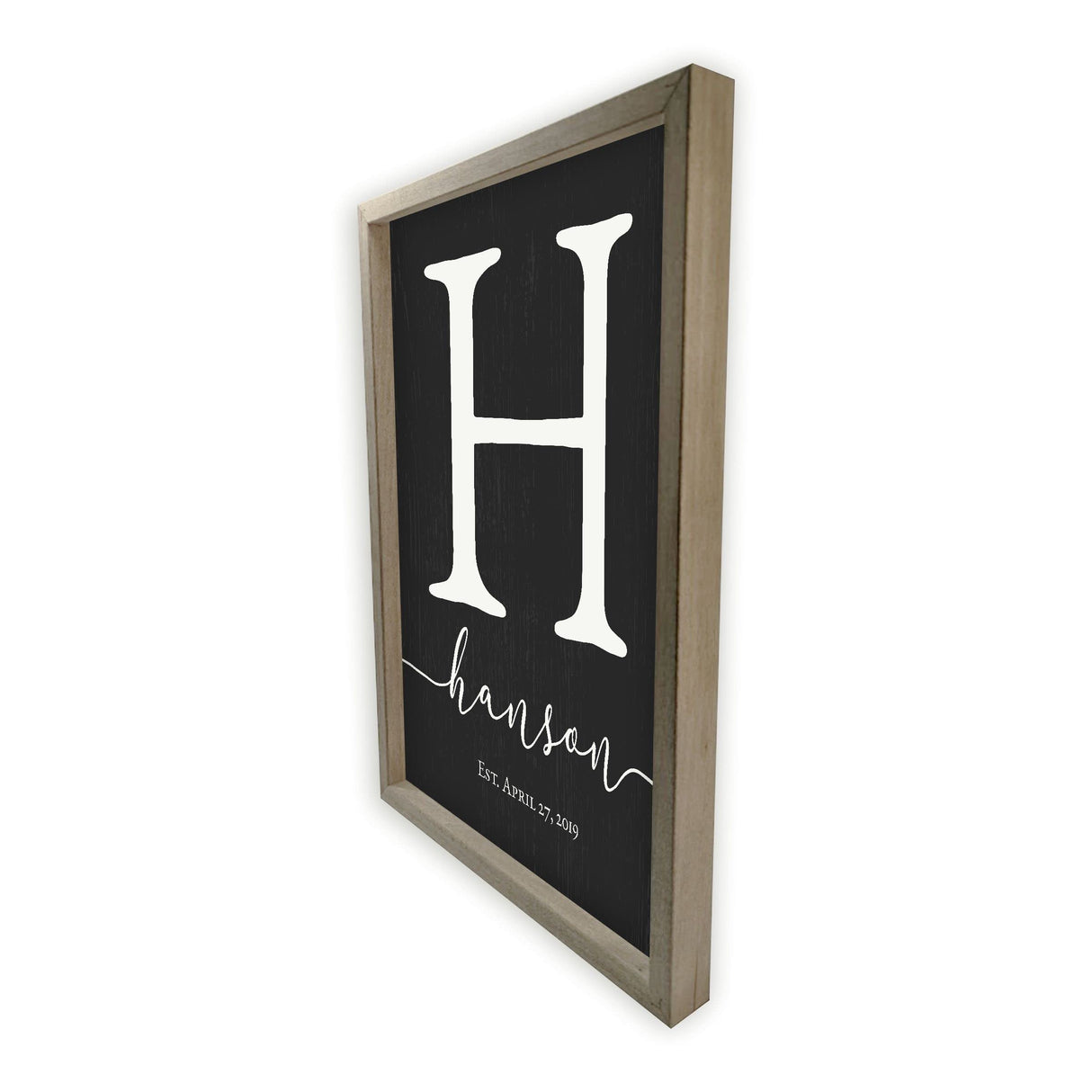 Framed Wooden Family Name Sign Personalized Wood Monogram Choose from Four Sizes (12" x 18", Weathered Grey Frame, Black Background) MRC Wood Products