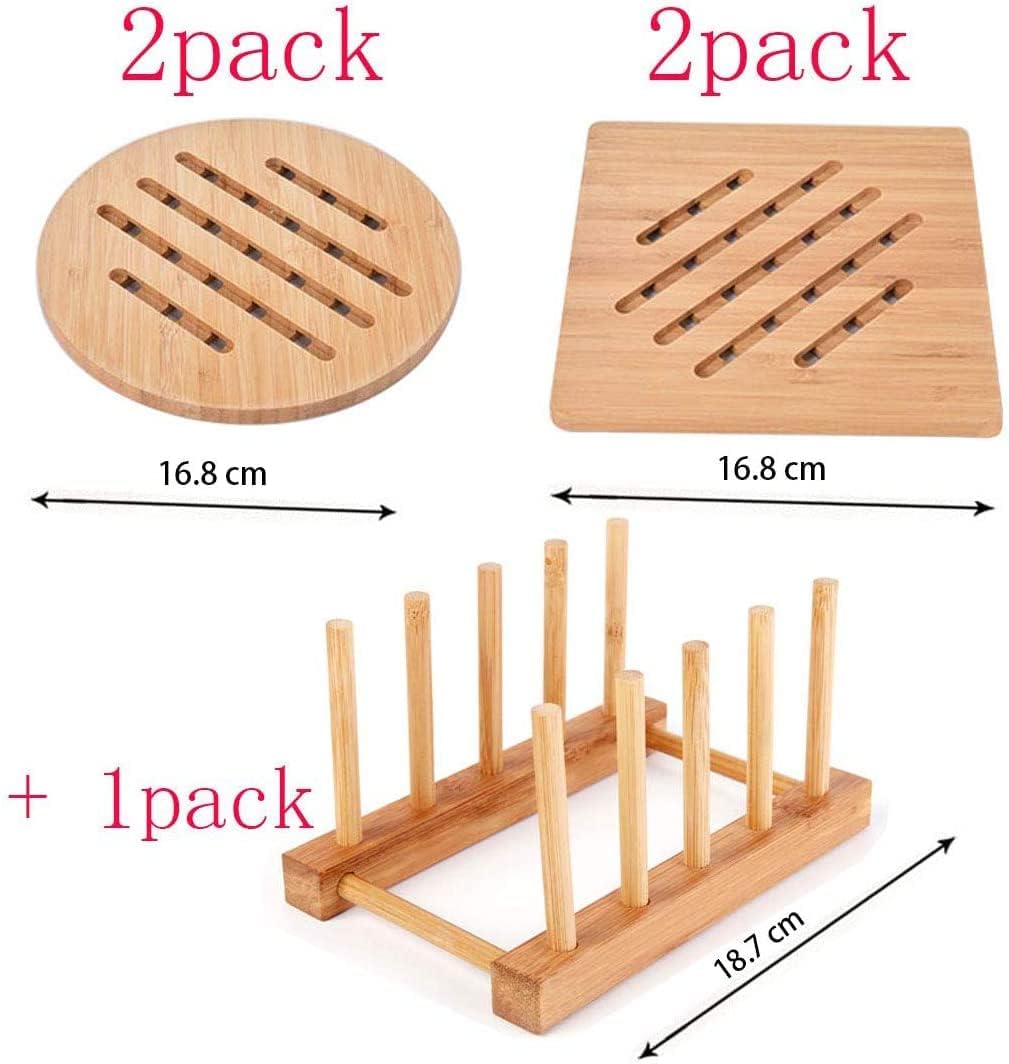 Bamboo Trivet Kitchen Bamboo Hot Pads Trivet Natural Bamboo Trivet Mat Set for Hot Dishes/Pot/Bowl/Teapot/Hot Pot Holders 2 Square 2 Roundness 1 Storage Rack Garkup