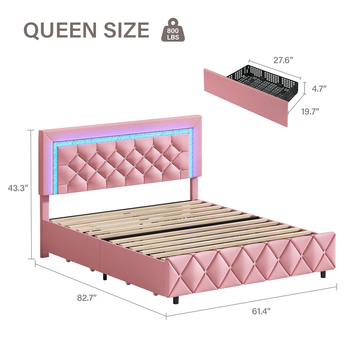 Queen Size Bed Frame with LED Lights, Upholstered Platform Bed with Storage Drawers, Princess Bed with Diamond Headboard and Footboard, No Box Spring Needed, Easy Assembly, Pink BarnFurin