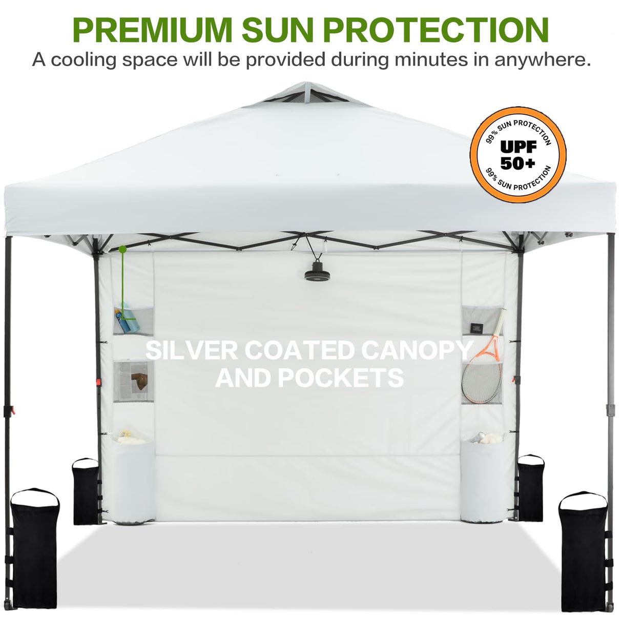 Tunbne 10'x10' Pop Up Canopy Tent with Sidewall and 6 Pockets, Patented One Push, Instant Shade Canopy with Vented Roof for Patio Outdoor, Case, 8 Stakes, 4 Ropes, 4 Sandbags (White) Tunbne