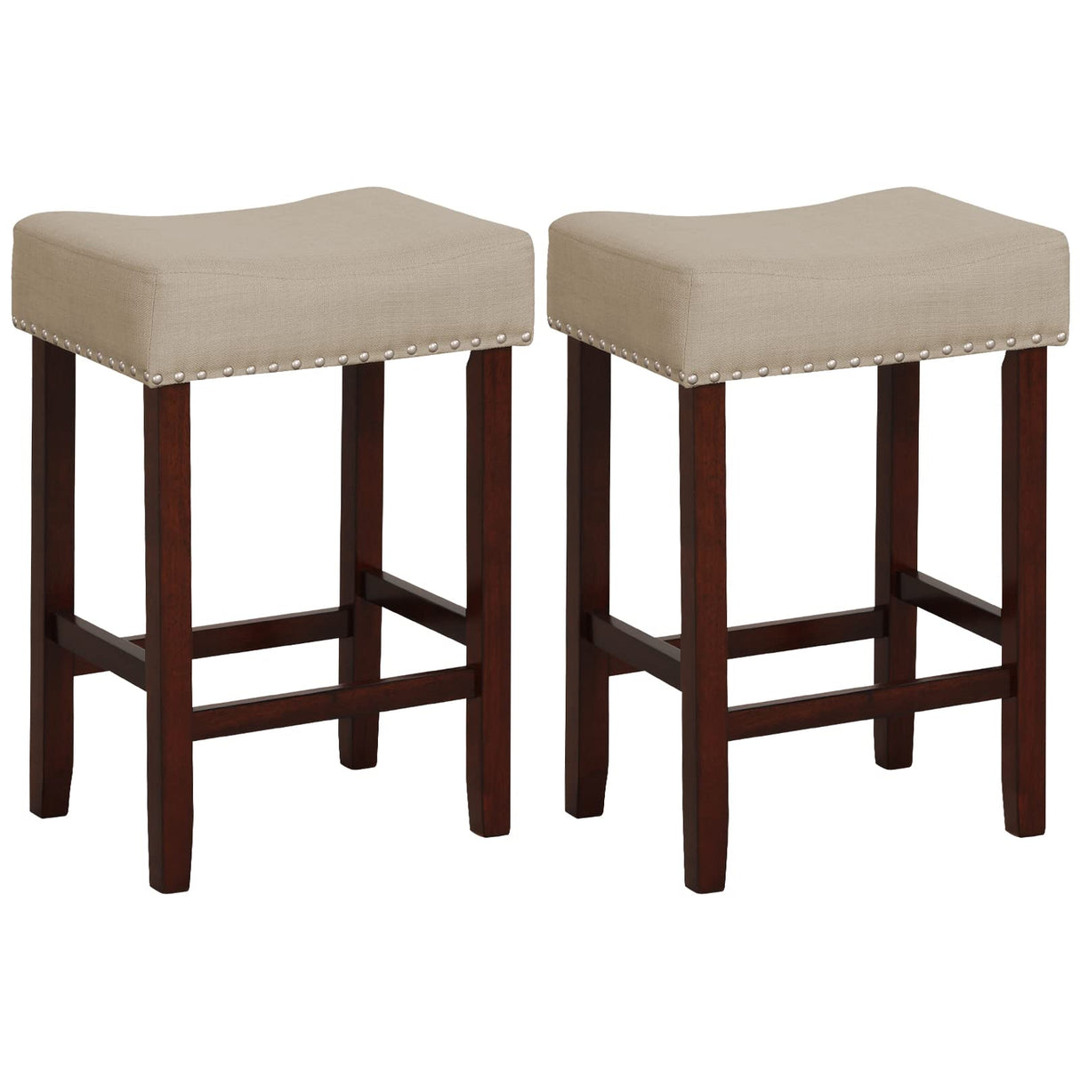 Giantex 25" Counter Height Bar Stools Set of 2 - Backless Saddle Barstools with Nailhead Linen Foam Seat, Max Load 330 Lbs Wood Bar Stools with Foot Rest for Kitchen Island, Khaki Giantex
