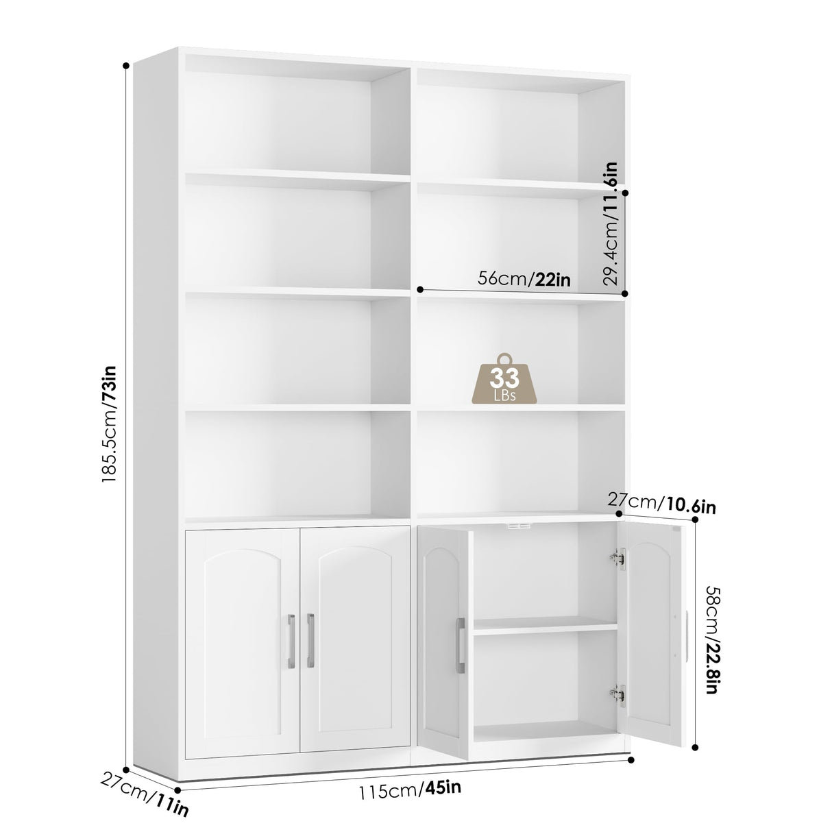 FACBOTALL Bookshelf and Bookcase with Doors, 6 Tier Double Wide Large Bookshelves, Open Display Shelves, 73'' Tall Bookshelf with Storage Cabinets for Home Office, Living Room, Library, White FACBOTALL
