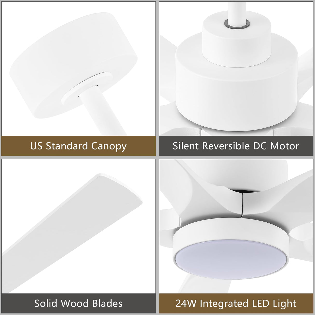 ELEHINSER 52" Modern Ceiling Fan with Light and Remote Control, 5 Solid Wood Blades 6-Speed Noiseless Reversible DC Motor, Ceiling Fan for Bedroom Dinning Living Room, White ELEHINSER