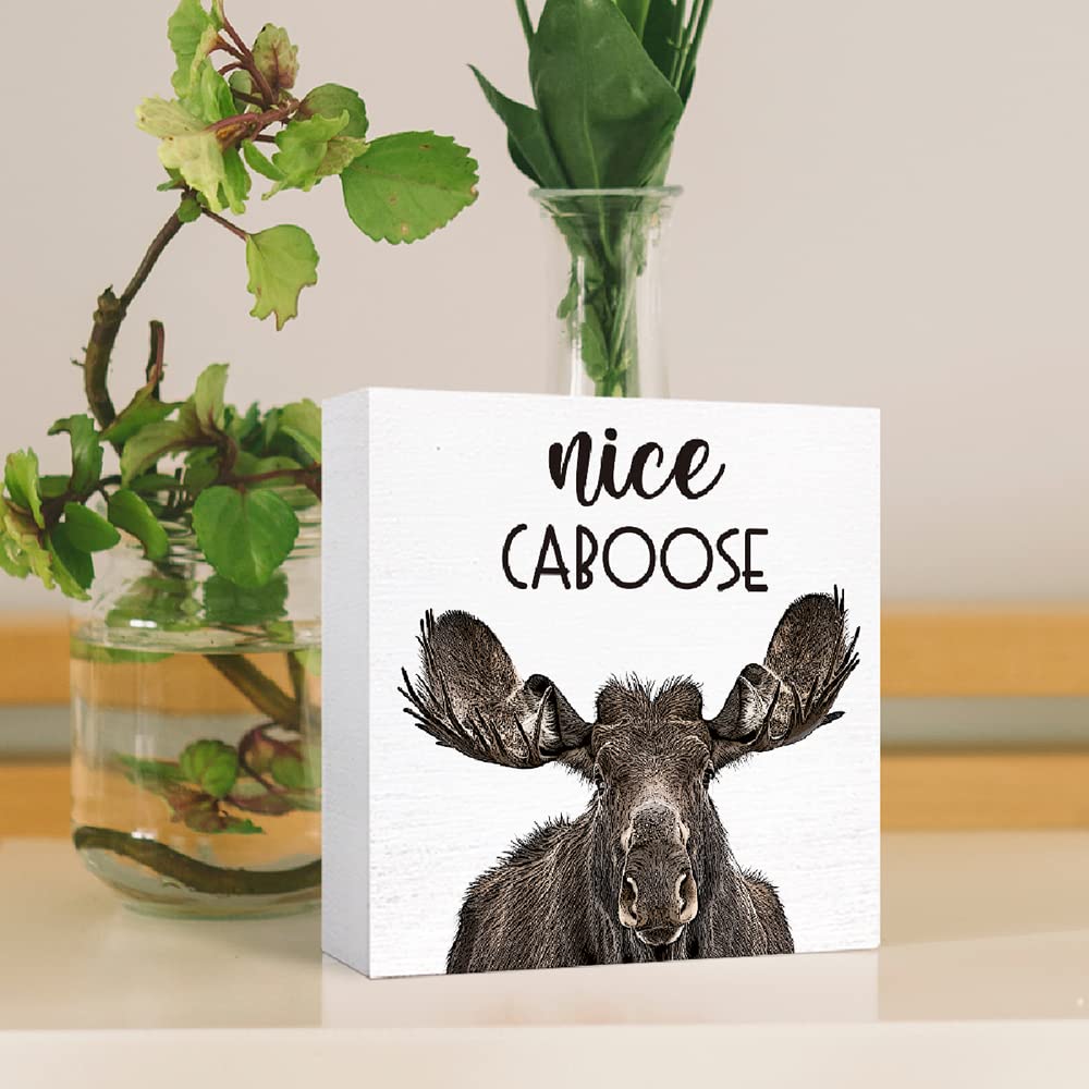 SJNH Funny Bathroom Wood Sign Nice Caboose Funny Moose Wood Block Sign for Bathroom Shelf Toilet Restroom Home Tabletop Desk Decor,Farmhouse Bathroom Wooden Box Sign SJNH