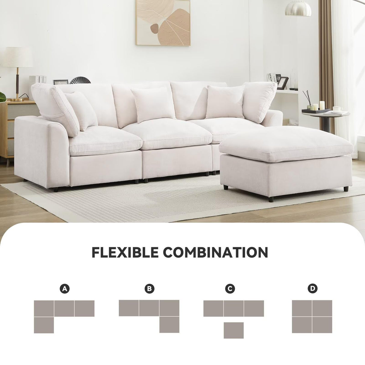 POYISOU 101" Cloud Couch Sectional Sofas for Living Room, L Shaped Modular Couch with Ottoman, Large Convertible Modern 3 Seats Sofa Chenille Comfy Couches for Apartment Lounge, Beige POYISOU