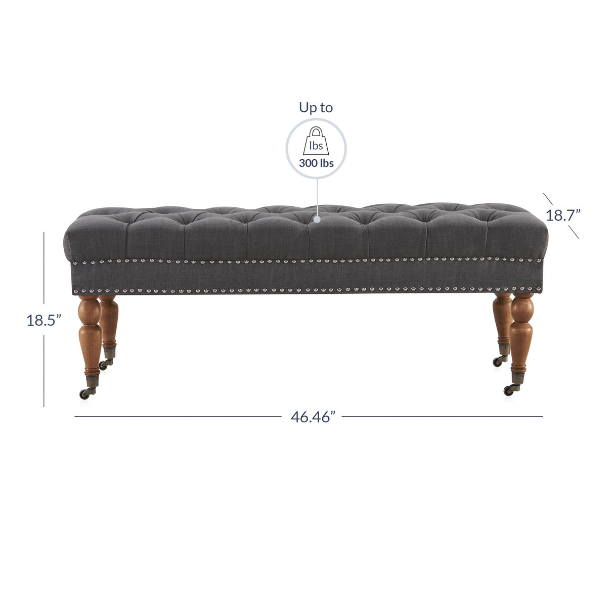 BELLEZE 47-Inch Upholstered Ottoman Bench, Moveable Tufted Ottoman Bench with Caster Wheels, Tufted Ottoman for Living Room, Entryway, or Bedroom - Brooke (Dark Grey) BELLEZE