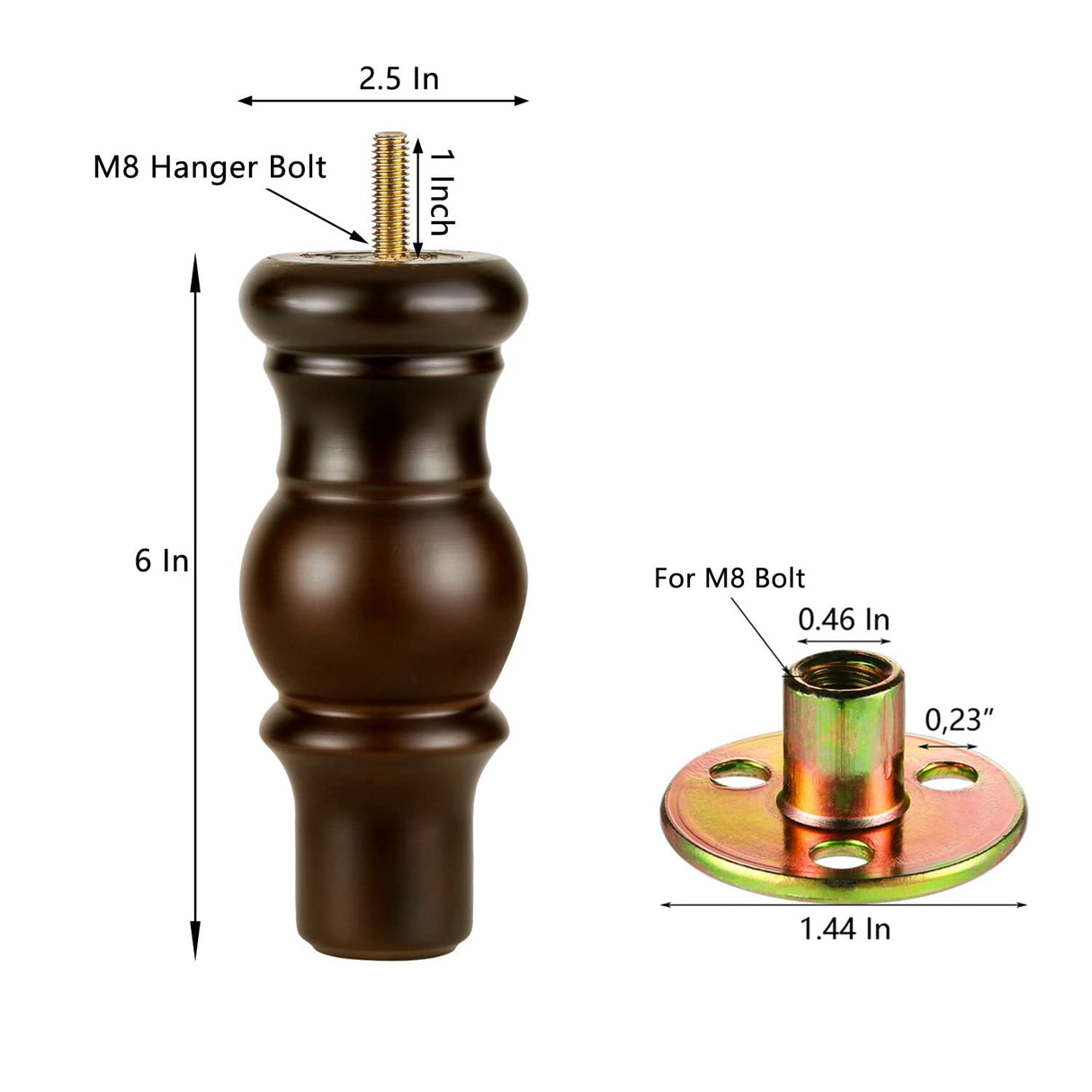 Maricome 6 Inch Wood Sofa Legs Walnut Turned Round Bun Wooden Furniture Legs Set of 4 Maricome