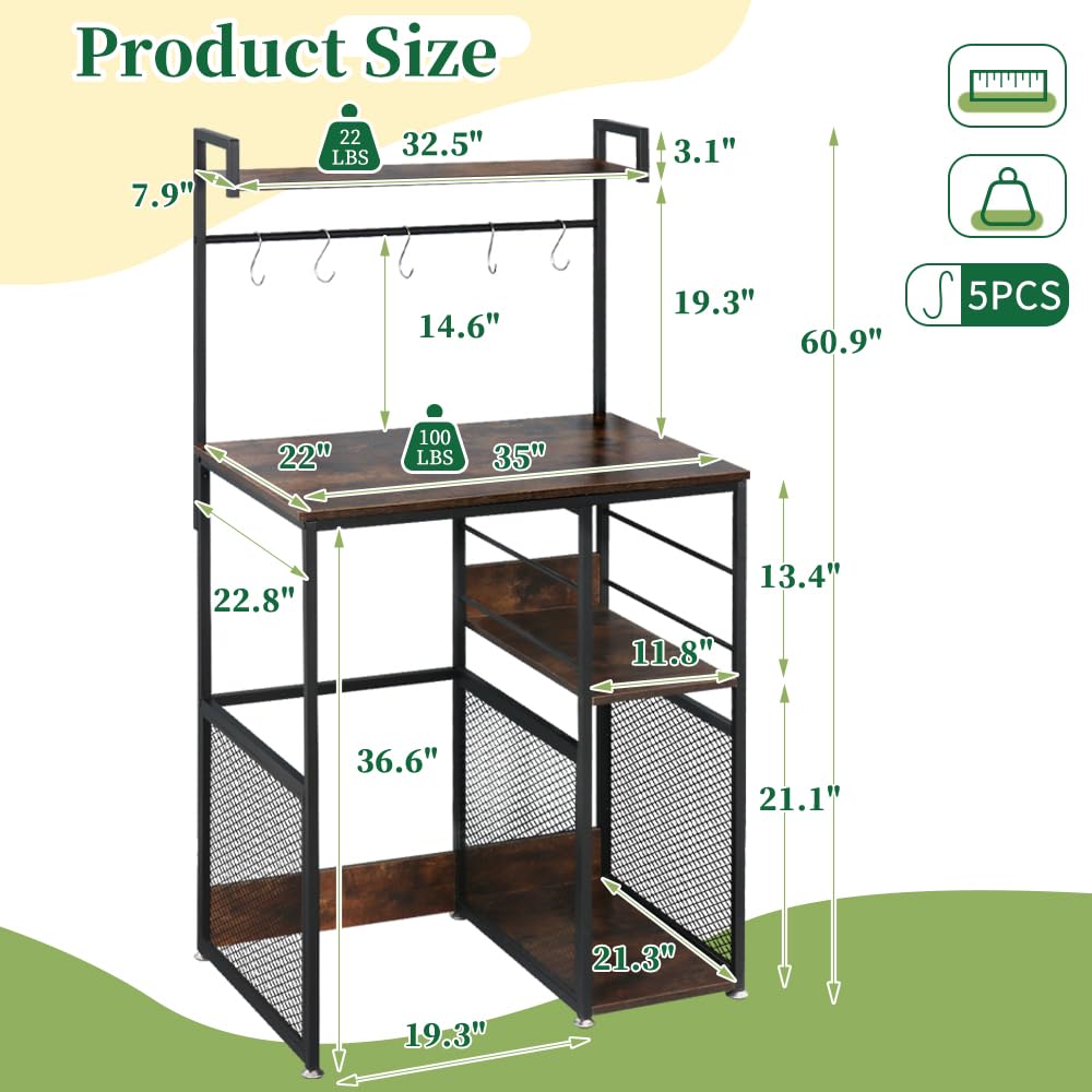 AGESISI 4-Tier Mini Fridge Cabinet Microwave Stand with Storage, 22.8"D x 35"W x 60.9"H Bakers Rack Shelf with 5 S-Shaped Hooks, Freestanding Coffee Bar Organizer for Kitchen Dorm Home, Rustic Brown AGESISI