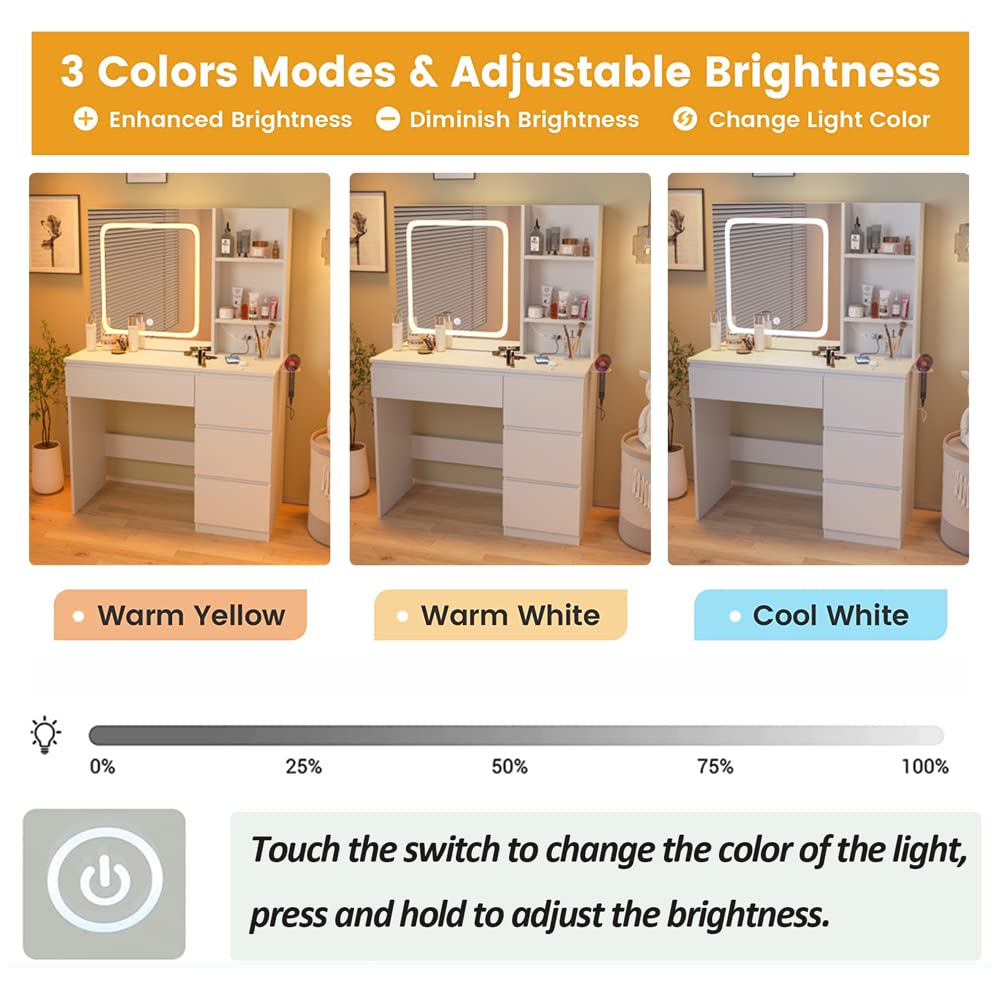 Vabches White Vanity Desk with Mirror and Lights, Makeup Vanity with Lights 4 Drawers, Vanity Table with Power Outlet & Sliding Door, 3 Lighting Colors, 37inch Vabches