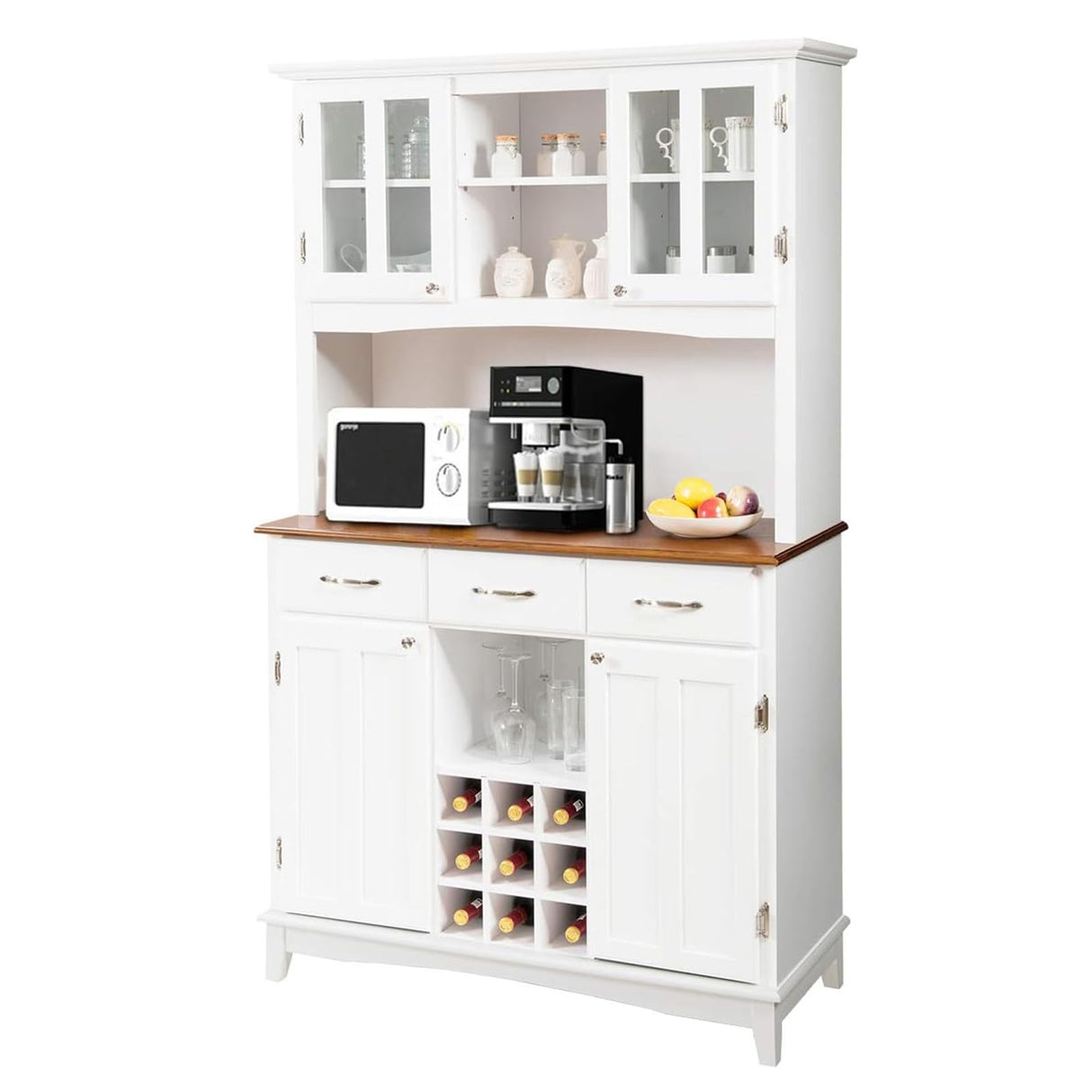 COSTWAY Kitchen Hutch Storage Cabinet, Freestanding Pantry Buffet Sideboard, Modern Buffet Cupboard w/Wine Rack, Adjustable Shelves, Tempered Glass Cabinets, Drawers, Microwave Stand (White) COSTWAY