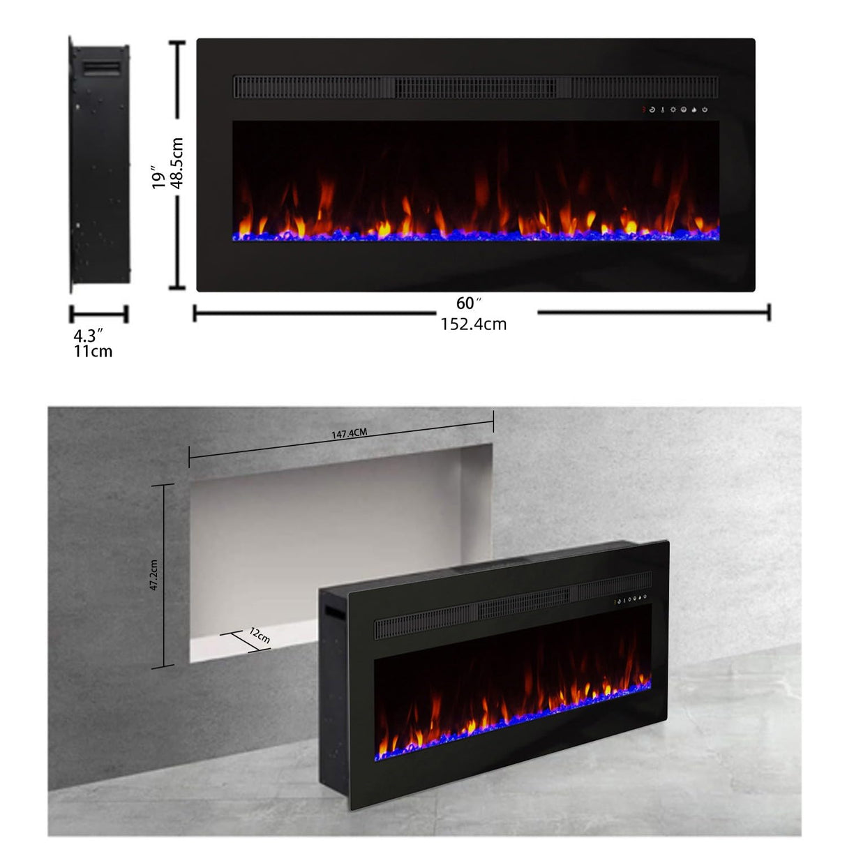 Panana Electric Fireplace Heater Wall Mounted, 60 inch Wide Recessed Electric Fireplace, 1400W, 8H Timer, 20 Color Flame, Remote Control, Log Set & Crystal Panana