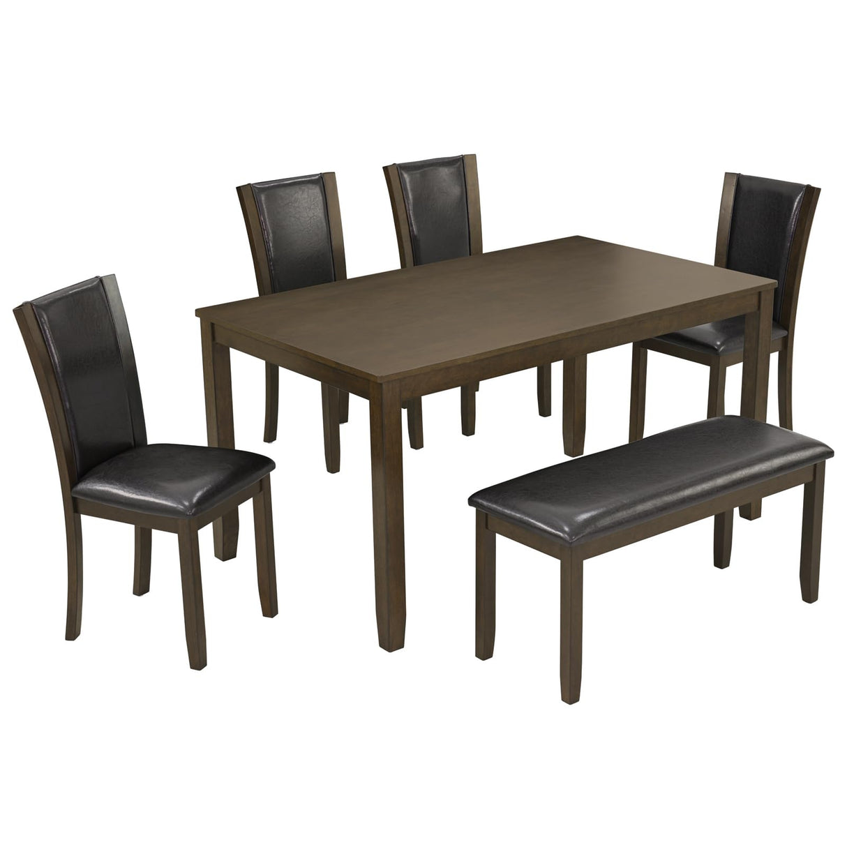 Augabam 6-Piece Dining Table Set with Bench and Chairs - Solid Wood Kitchen Dining Room Table Set in Farmhouse Rustic Style, Table Set for 6 with 4 Chairs and Bench Seat. (Dark Walnut) Augabam