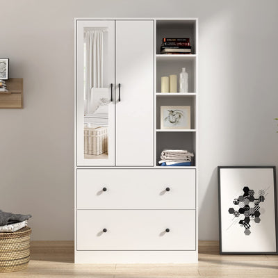Hitow Wardrobe Armoire Closet with Mirror, 2 Door Wardrobe Cabinet with 2 Drawer & Extendable Hanging Rod, Bedroom Armoire Cabinet Clothing Organizer, Type A White (35.5" W x 15.8" D x 70.8" H)