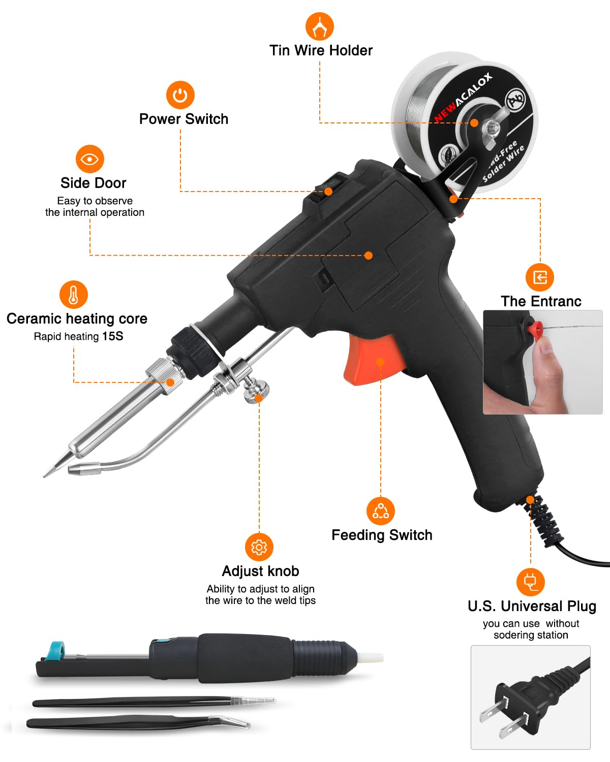 Soldering Iron Kit, NEWACALOX Soldering Gun Automatic Hand-held Solder gun Iron Kit Welding Tool, Desoldering Pump, Tweezers for Circuit Board, Home DIY, Electronic Repair NEWACALOX
