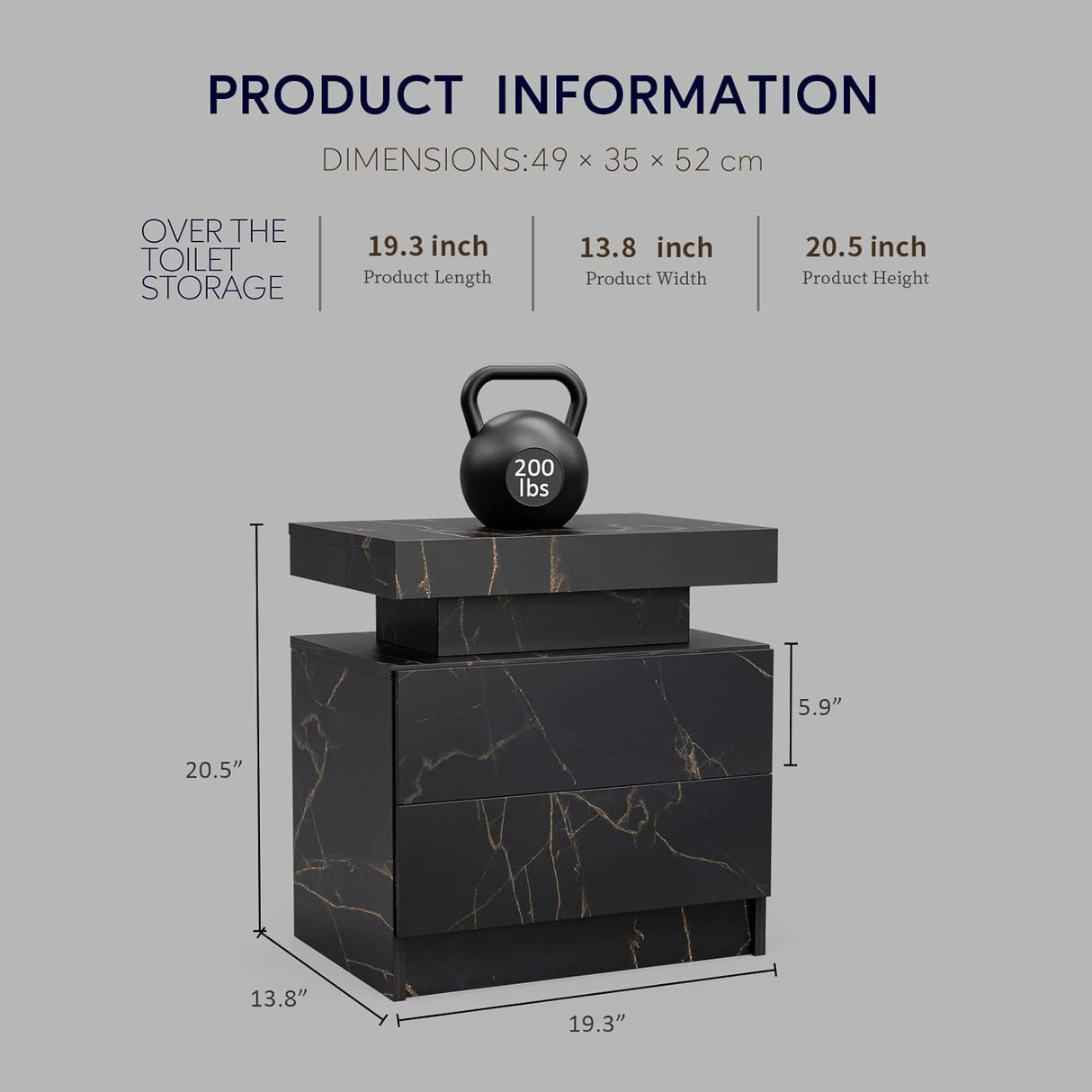 Royard Oaktree LED Nightstand with 2 Storage Drawers, Modern Bedside Table with Marble Grain Finish, 2-Tier Wood End Tables with LED Light for Bedroom/Living Room, Black Gold Royard Oaktree