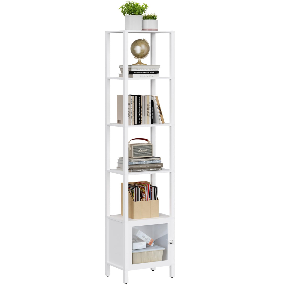 TUTOTAK 6 Tier Bookcase and Bookshelf, Narrow Book Shelf with Door for Small Space, for Living Room, Office, Study, Entryway, White BS03BW006 TUTOTAK