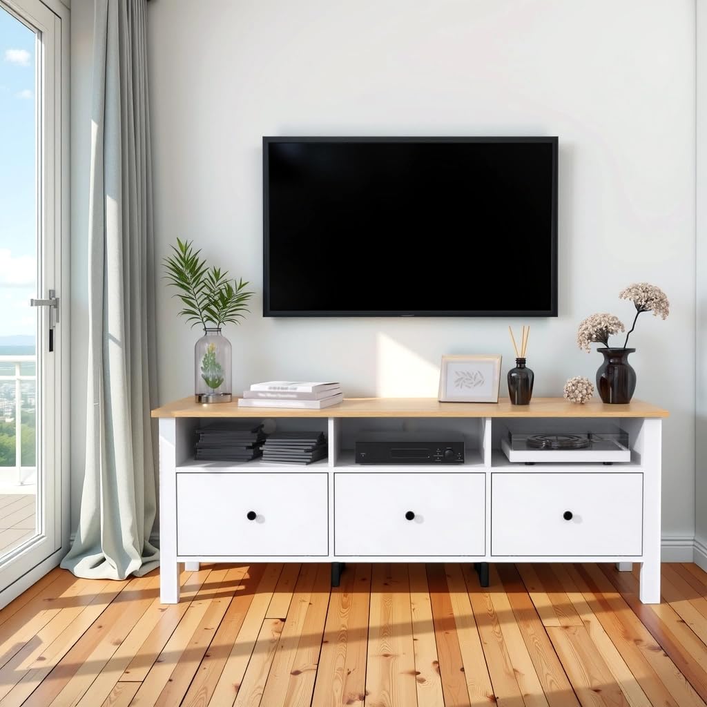DIYART White TV Stand, Entertainment Center for TVs Up to 65", Modern Media Console with 3 Cabinets for Living Room DIYART