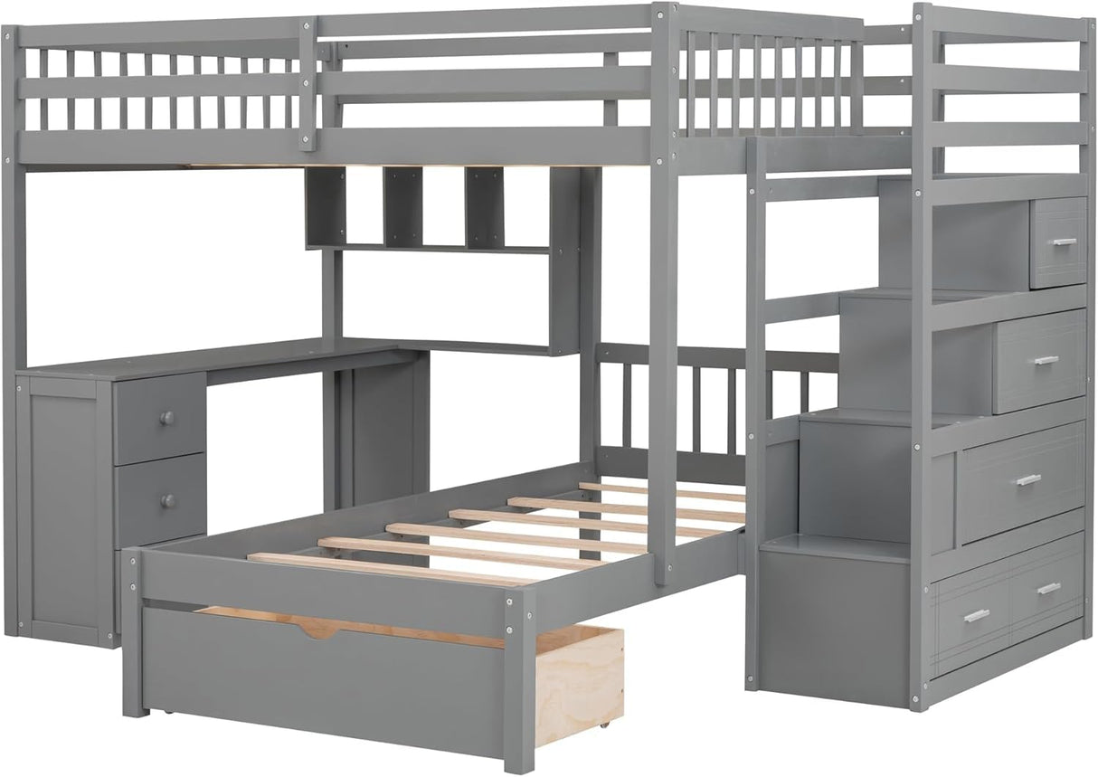 MERITLINE Full Over Twin L Shaped Bunk Bed with Stairs and Desk,Solid Wood L-Shaped Bunk Bed with Storage Drawers,Shelves,Ladder,Headboard and Guardrail,No Box Spring Needed (Grey) MERITLINE