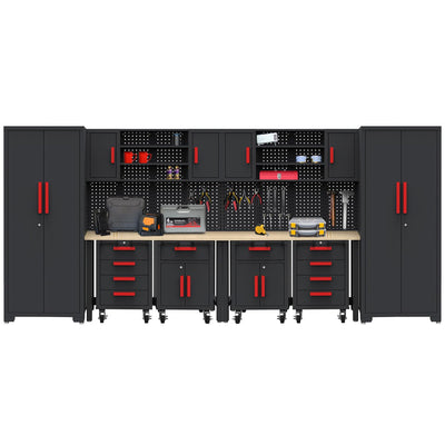HPDMC Garage Storage Cabinet System - 2 * 6-Pcs Workshop Set with Steel Cabinet Drawers, Rolling Chest, Workbench, Pegboard for Tool Organization