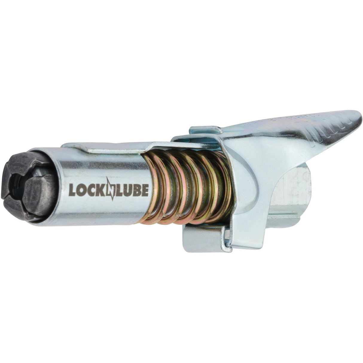 LockNLube Grease Gun Coupler locks onto Zerk fittings. Grease goes in, not on the machine. World's best-selling original locking grease coupler. Rated 10,000 PSI. Long-lasting rebuildable tool. LockNLube
