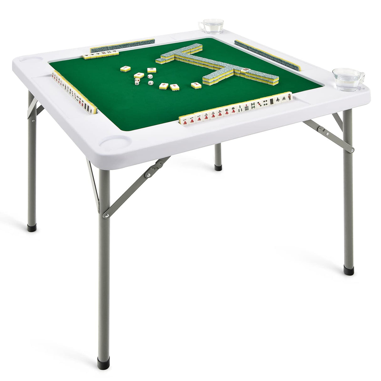GYMAX Mahjong Table, Folding Square 4 Player Card Table with Cup Holders & Chip Trays, Portable Board Game Domino Table for Mahjong, Poker Blackjack GYMAX