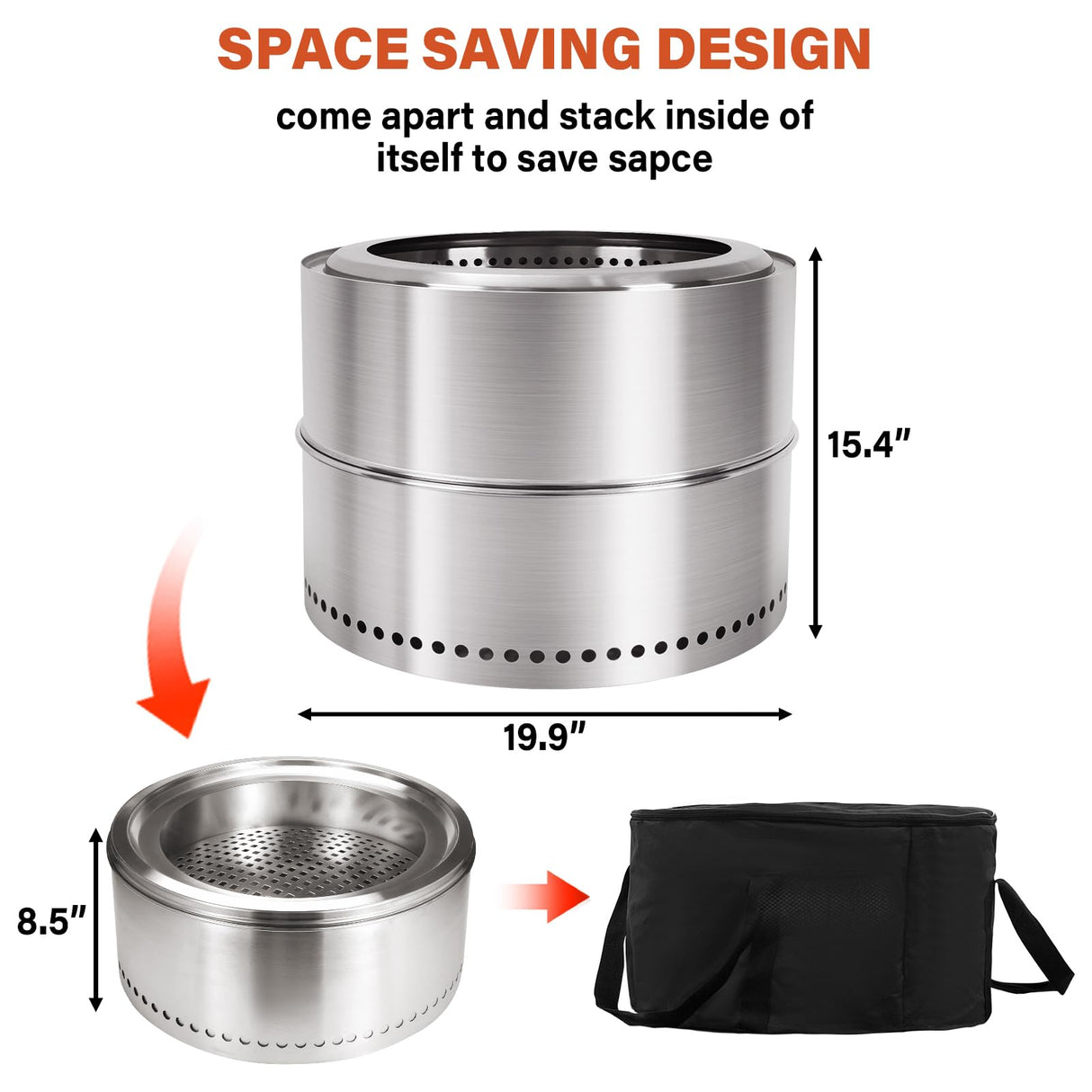 HGD 20 inch Smokeless Firepit Outdoor, Stainless Steel Fire Pit, Smokeless Fire Pit for Outside with Carry Bag for Camping Backyard Patio Garden Picnic HGD