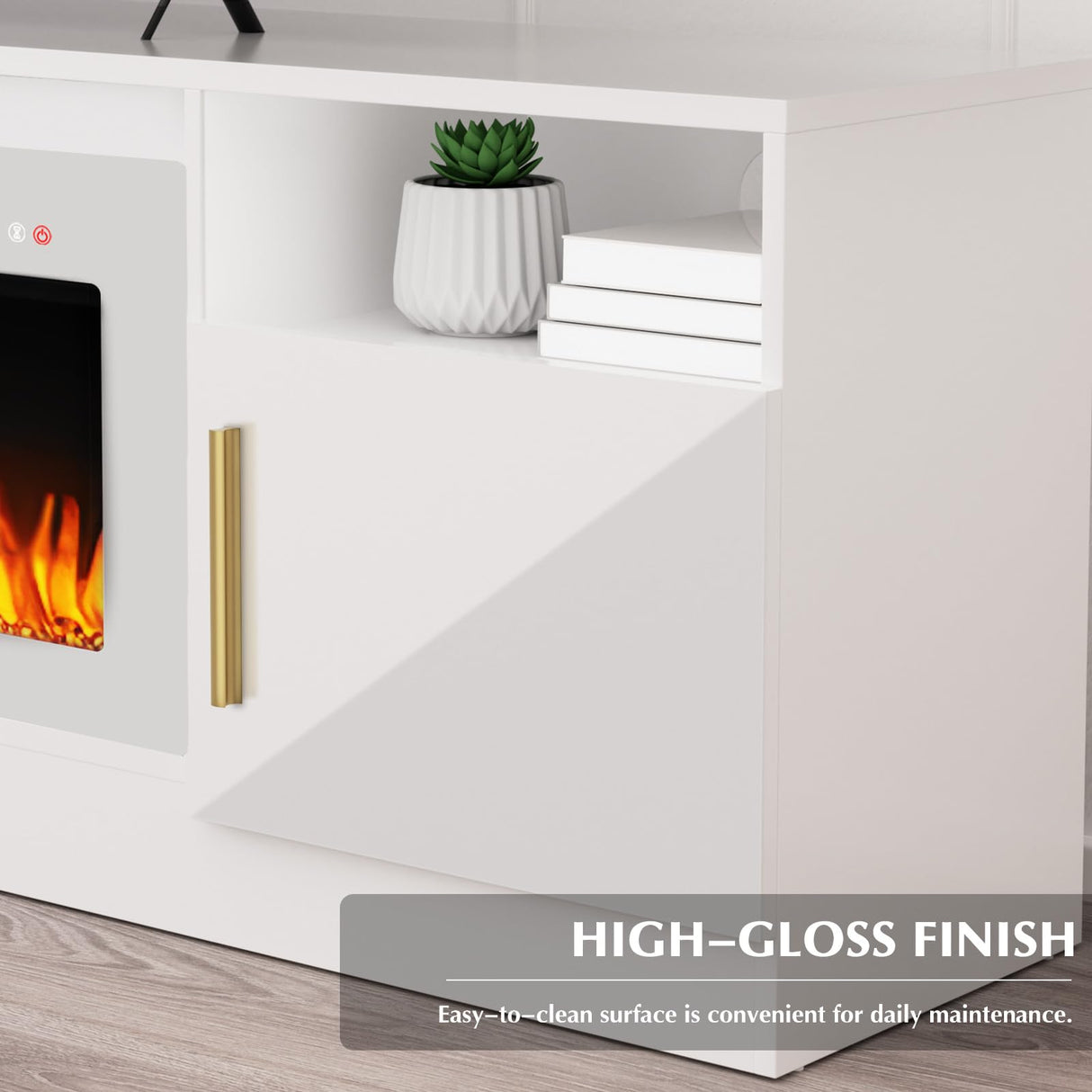 LEMBERI Fireplace tv Stand with 36 inch White Fireplace Up to 80" TVs,LED Light Entertainment Center and Storage, 70" Modern Wood Media TV Console with Highlight Cabinet for Living Room LEMBERI