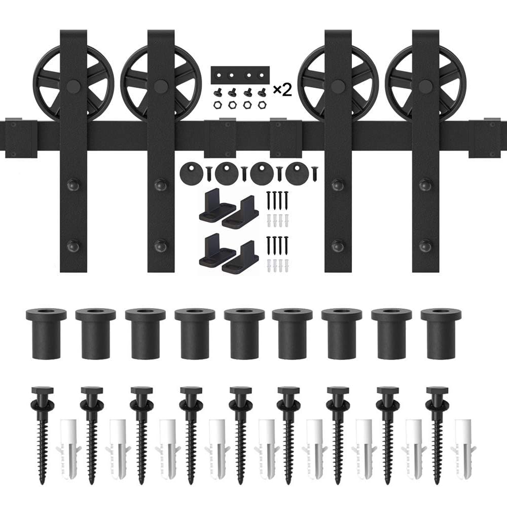 WINSOON 12FT Wood Double Sliding Barn Door Hardware Basic Black Big Spoke Wheel Roller Kit,5-18FT for Choose WINSOON