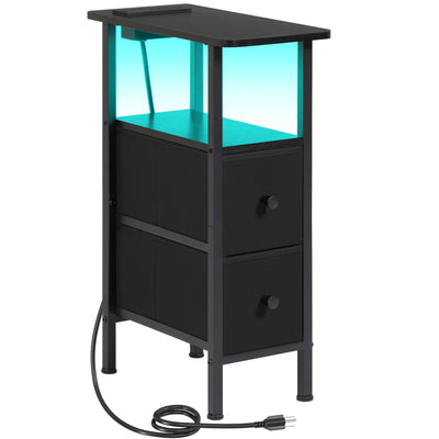 LOAKEKEL Narrow End Table Living Room with Charging Station, Skinny Side Table with Fabric Drawers, Slim LED Nightstand for Bedroom, Small Spaces, Couch, Black, HETNDP02LBK-1