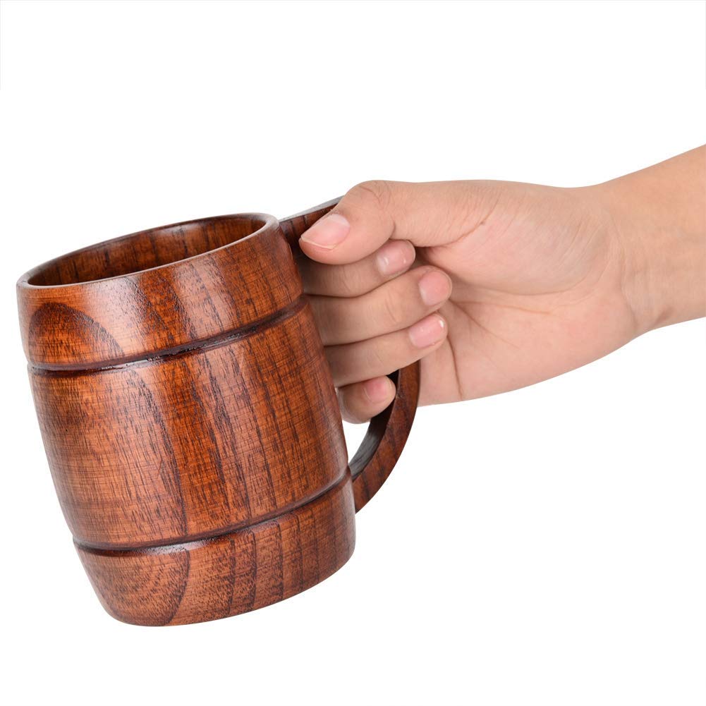 Wooden Beer Mug, Handmade Beer Mug 12oz (400 ml) Natural Solid Wood Drinking Cup Tea Cup for Beer, Coffee, Hot Drinks, Milk, Wine Wooden Tankard Gift Barrel HERCHR