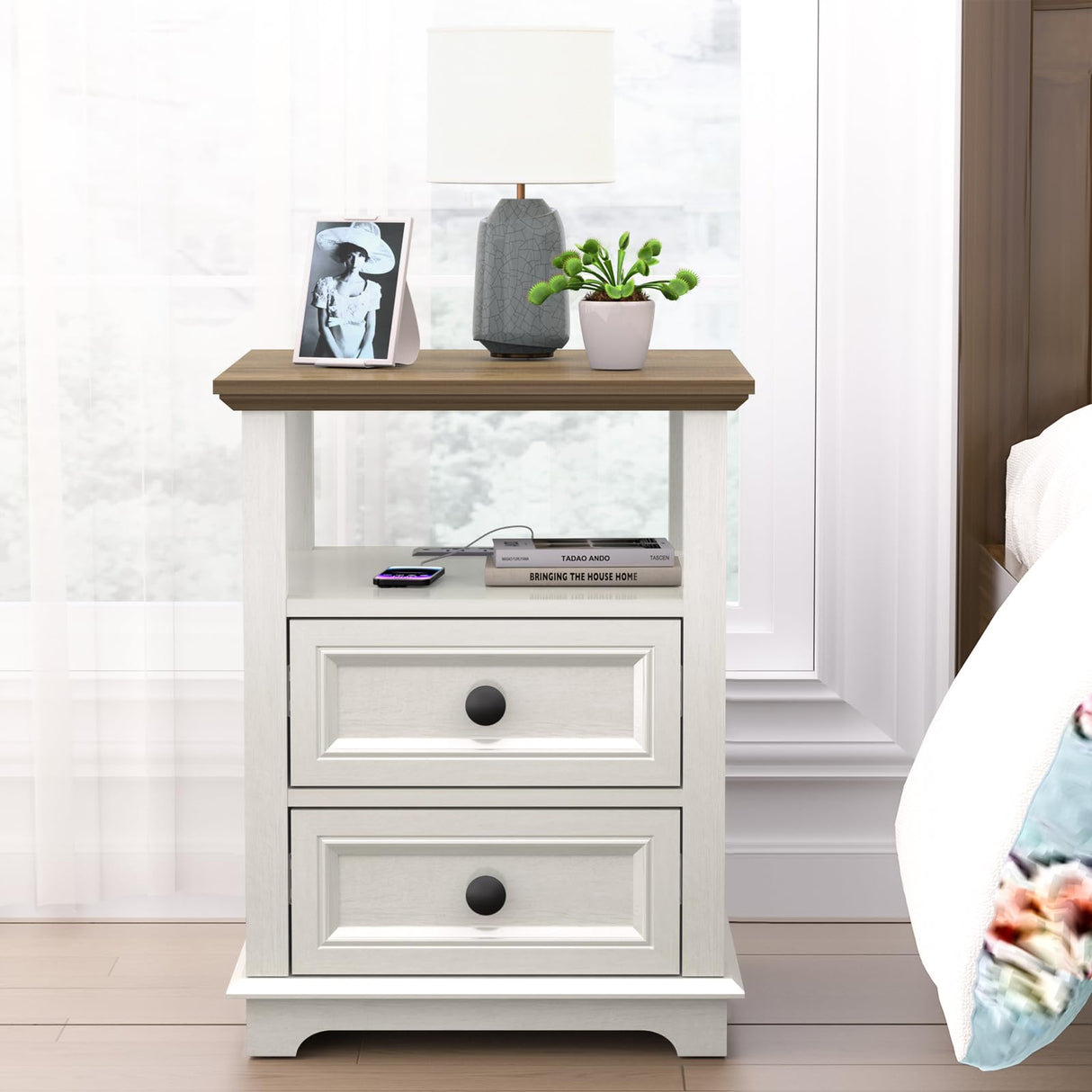 REDAYFUR End Table with Fast USB C Charging Station, 24” Tall Sofa Side Table with 2 Drawers, Large Storage Rustic Wood Square Storage Cabinet for Living Room,Bedroom,Office, White REDAYFUR