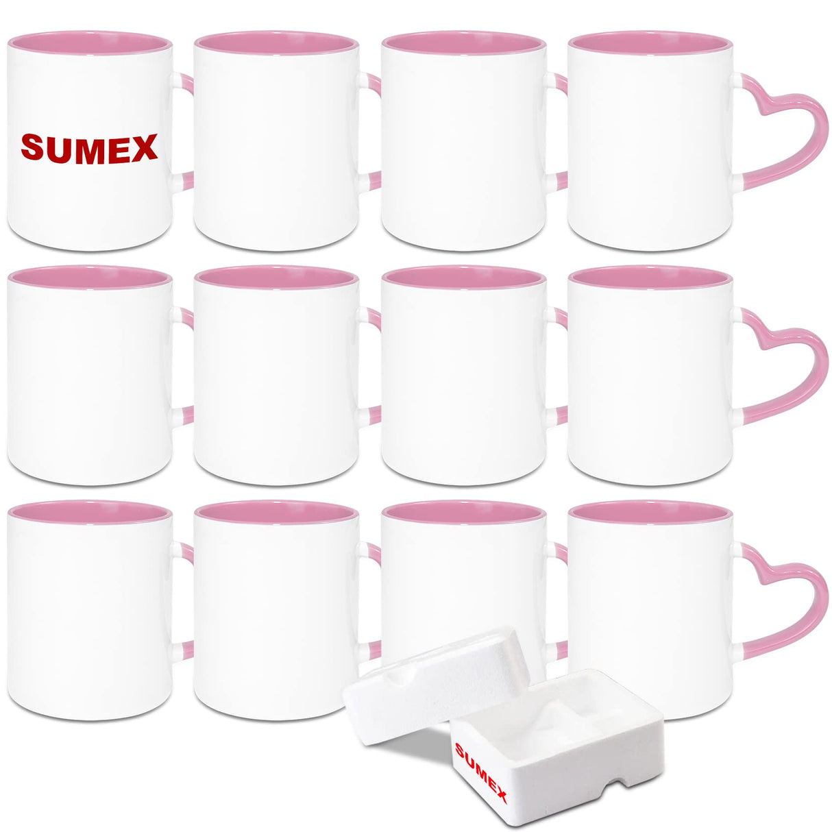 Sumex 11oz Set of 12 Sublimation Blanks Ceramic Coffee Mug with Heart Handle for Tea, Milk, Latte, Hot Cocoa,Pink Inner and Handle Sumex