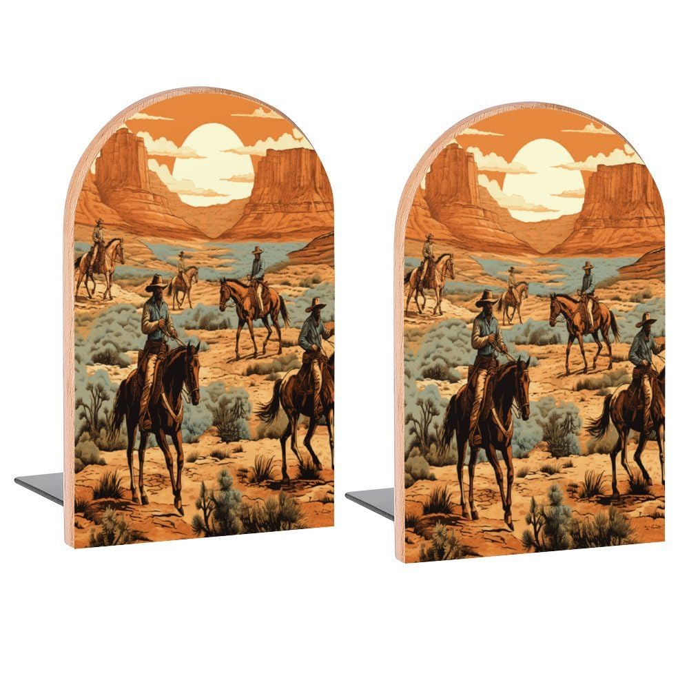 Buyidec Book Ends Western Cowboy Wild Soul Wood Bookends for Shelves to Hold Books Heavy Duty Non-Skid Book Stoppers Wood Decorative Home Office School Buyidec