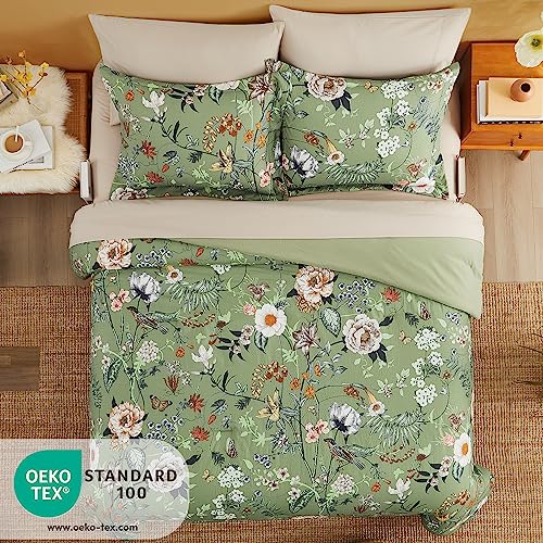 CASAAGUSTO Queen Comforter Set, 7 PCS Green Butterfly Floral Comforter Set with Flowers Leaves Pattern, Soft Seersucker Design All Season Queen Size Bedding Set(90"X90") CASAAGUSTO